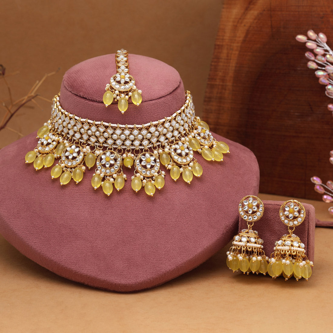 Yellow Color Choker Kundan Necklace Set (KN1456YLW) Jewellery GetGlit