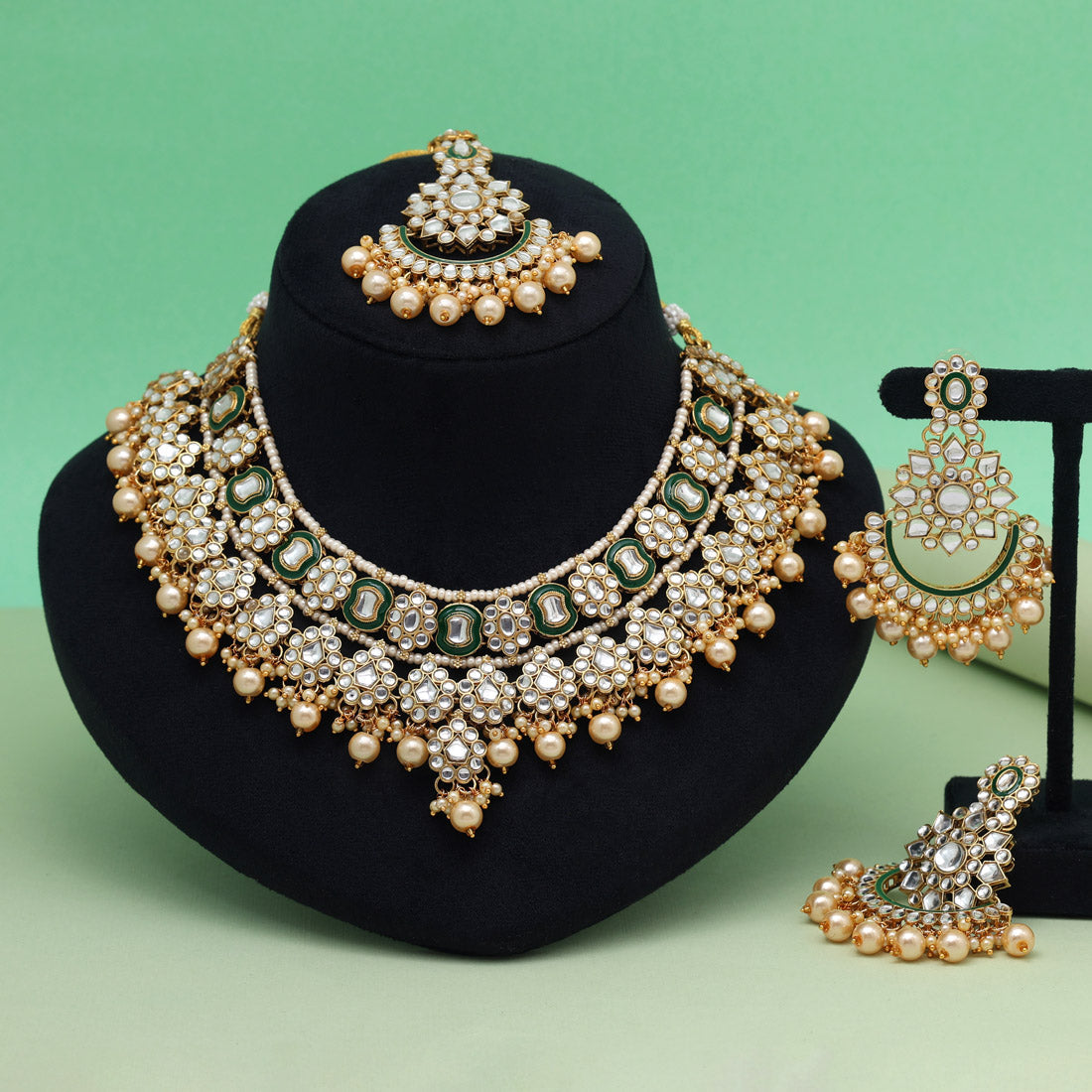 Gold Color Meena Work Kundan Necklace Set (KN1457GLD) Jewellery GetGlit