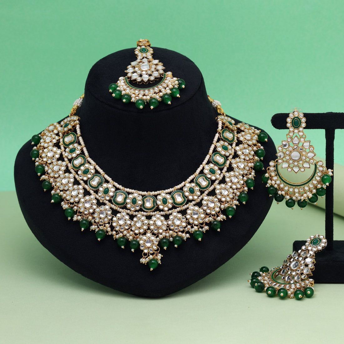 Green Color Meena Work Kundan Necklace Set (KN1457GRN) Jewellery GetGlit