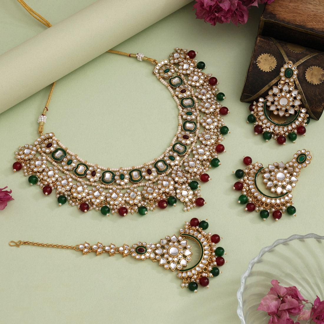 Maroon & Green Color Meena Work Kundan Necklace Set (KN1457MG) Jewellery GetGlit