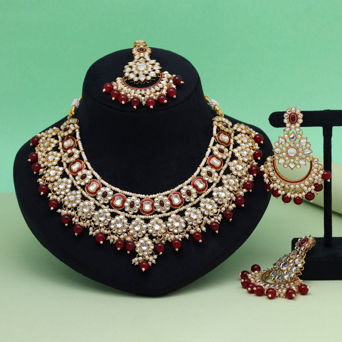 Maroon Color Meena Work Kundan Necklace Set (KN1457MRN) Jewellery GetGlit