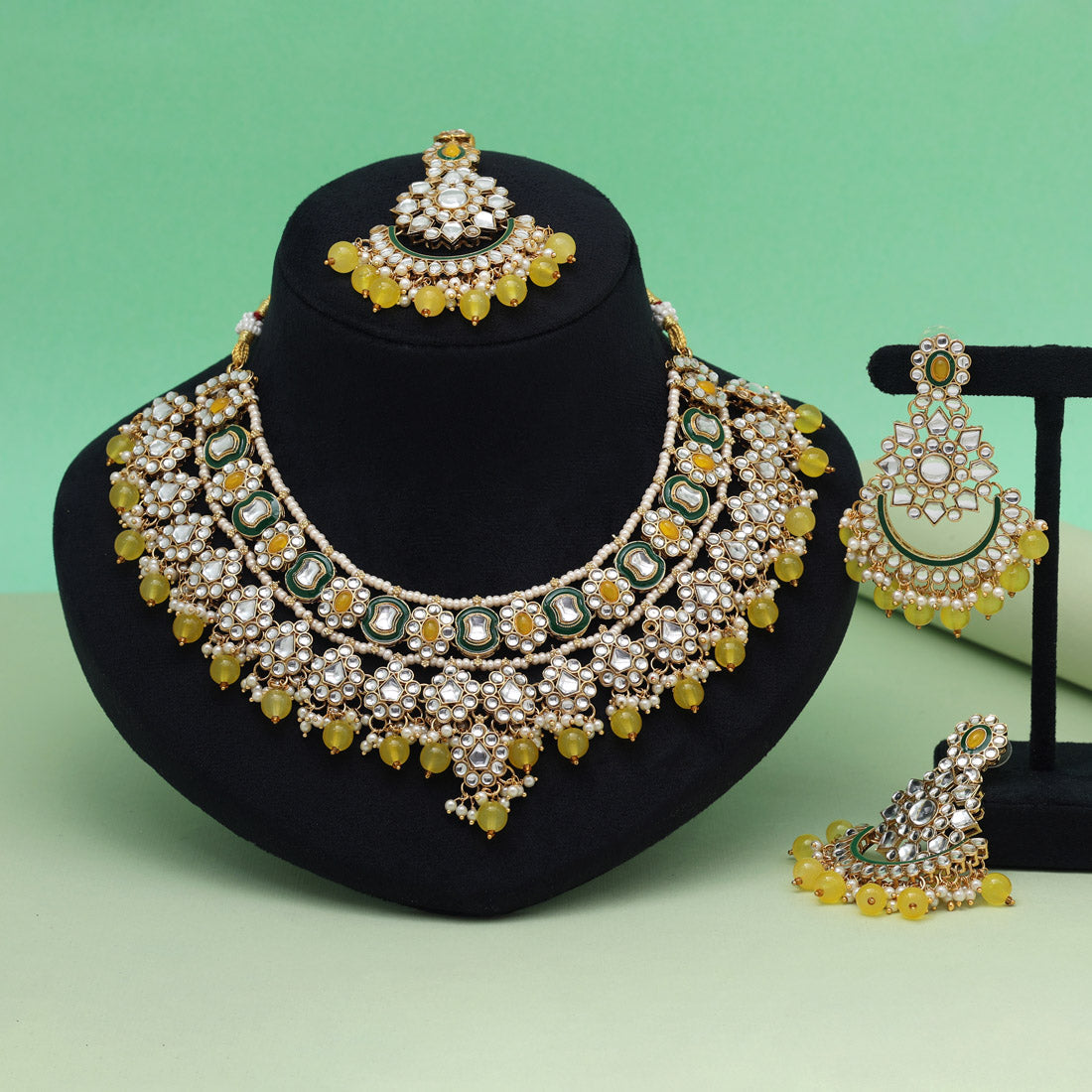 Yellow Color Meena Work Kundan Necklace Set (KN1457YLW) Jewellery GetGlit