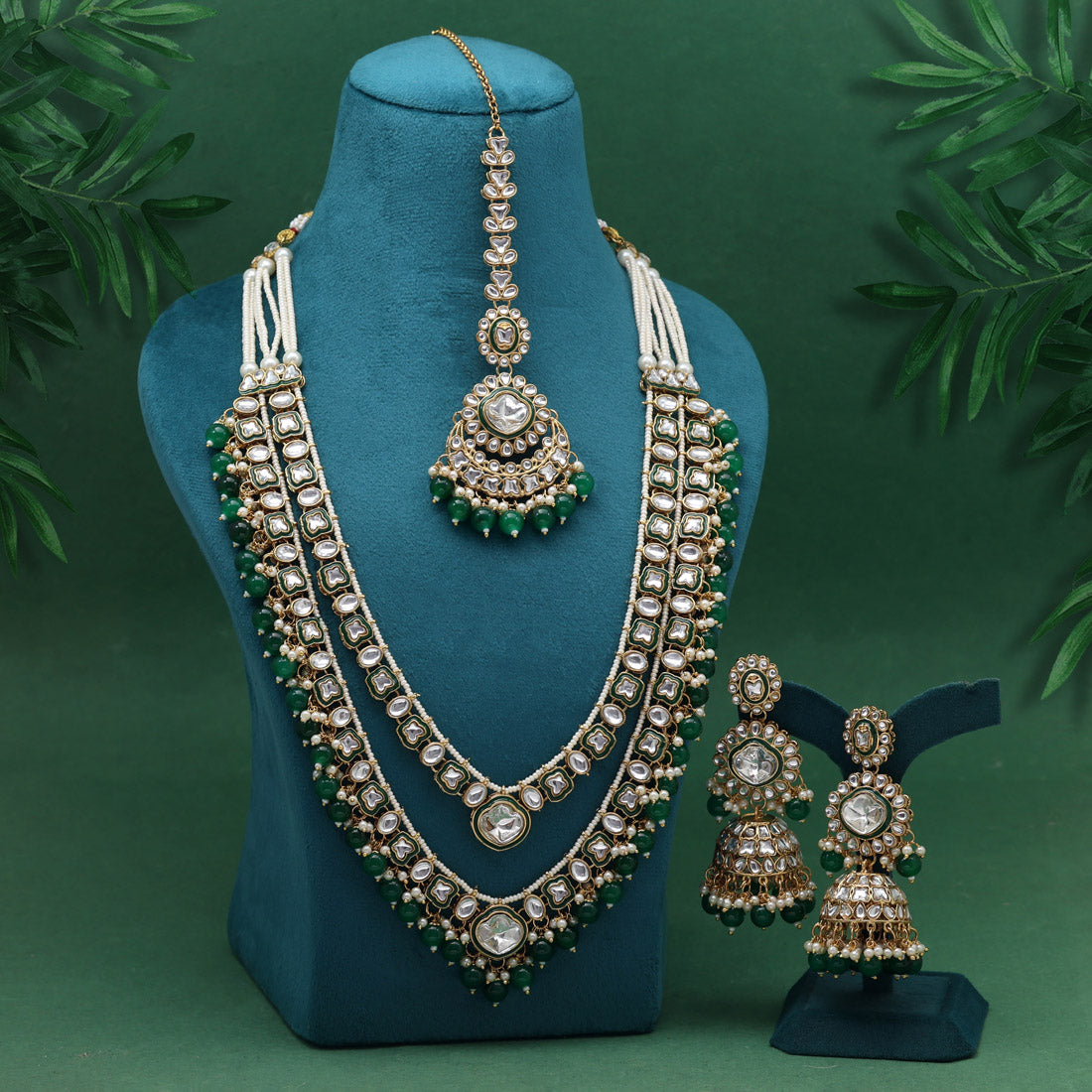 Green Color Meena Work Kundan Necklace Set (KN1458GRN) Jewellery GetGlit