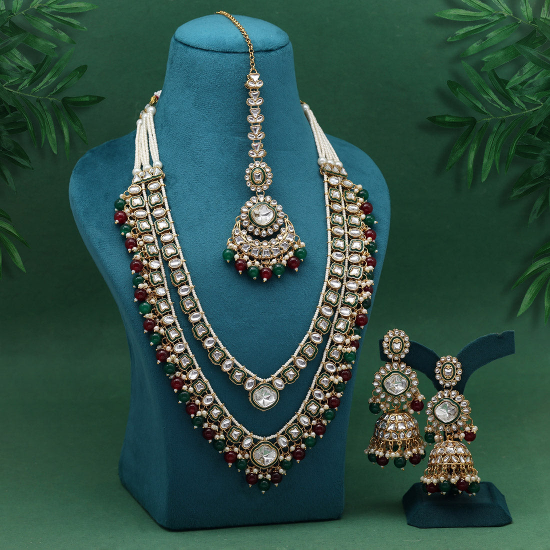 Maroon & Green Color Meena Work Kundan Necklace Set (KN1458MG) Jewellery GetGlit