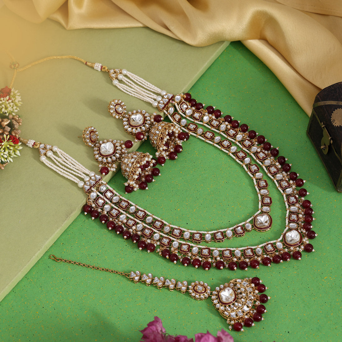 Maroon Color Meena Work Kundan Necklace Set