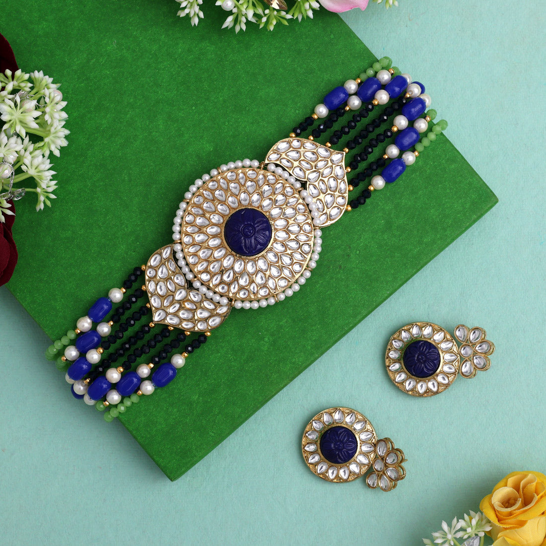 Blue Color Beautiful Kundan & Carving Stone Choker Necklace Of Jaipur Jewellery GetGlit