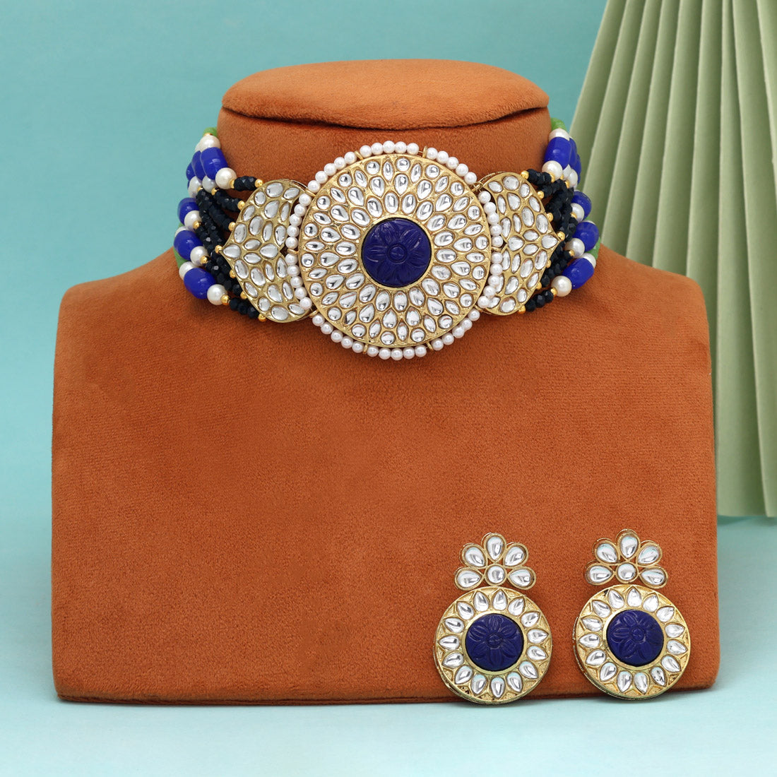 Blue Color Beautiful Kundan & Carving Stone Choker Necklace Of Jaipur Jewellery GetGlit