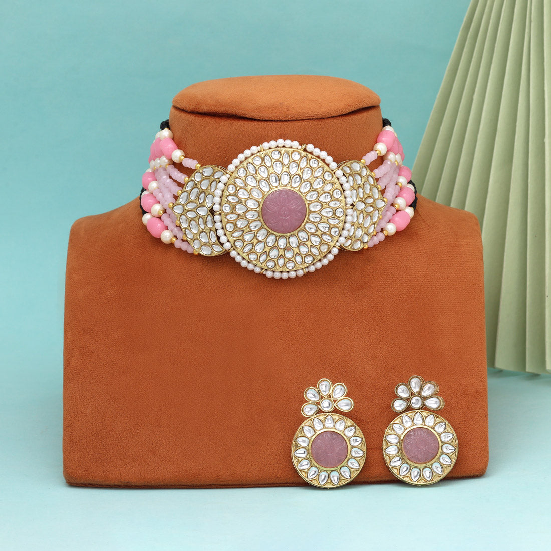 Pink Color Beautiful Kundan & Carving Stone Choker Necklace Of Jaipur Jewellery GetGlit