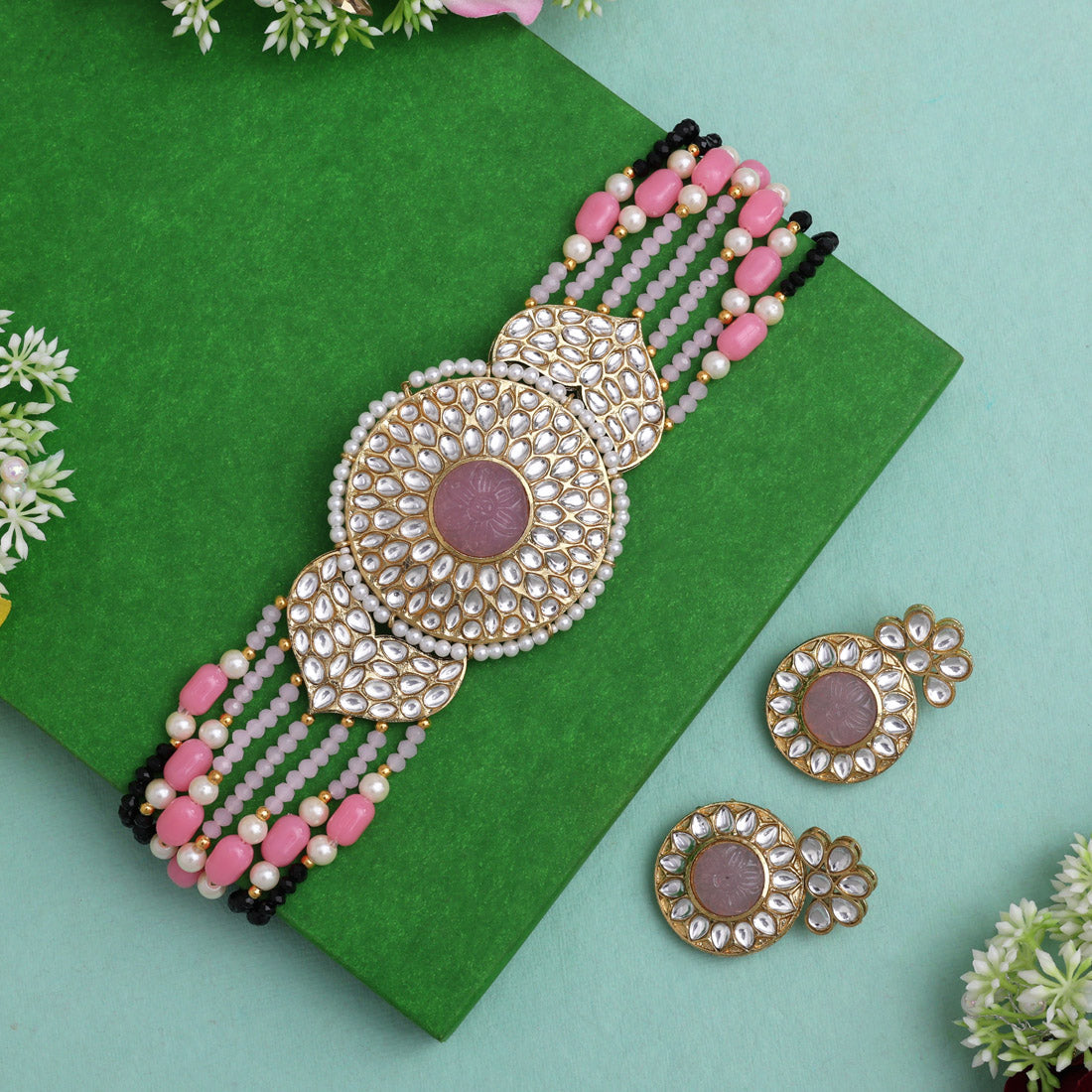 Pink Color Beautiful Kundan & Carving Stone Choker Necklace Of Jaipur Jewellery GetGlit