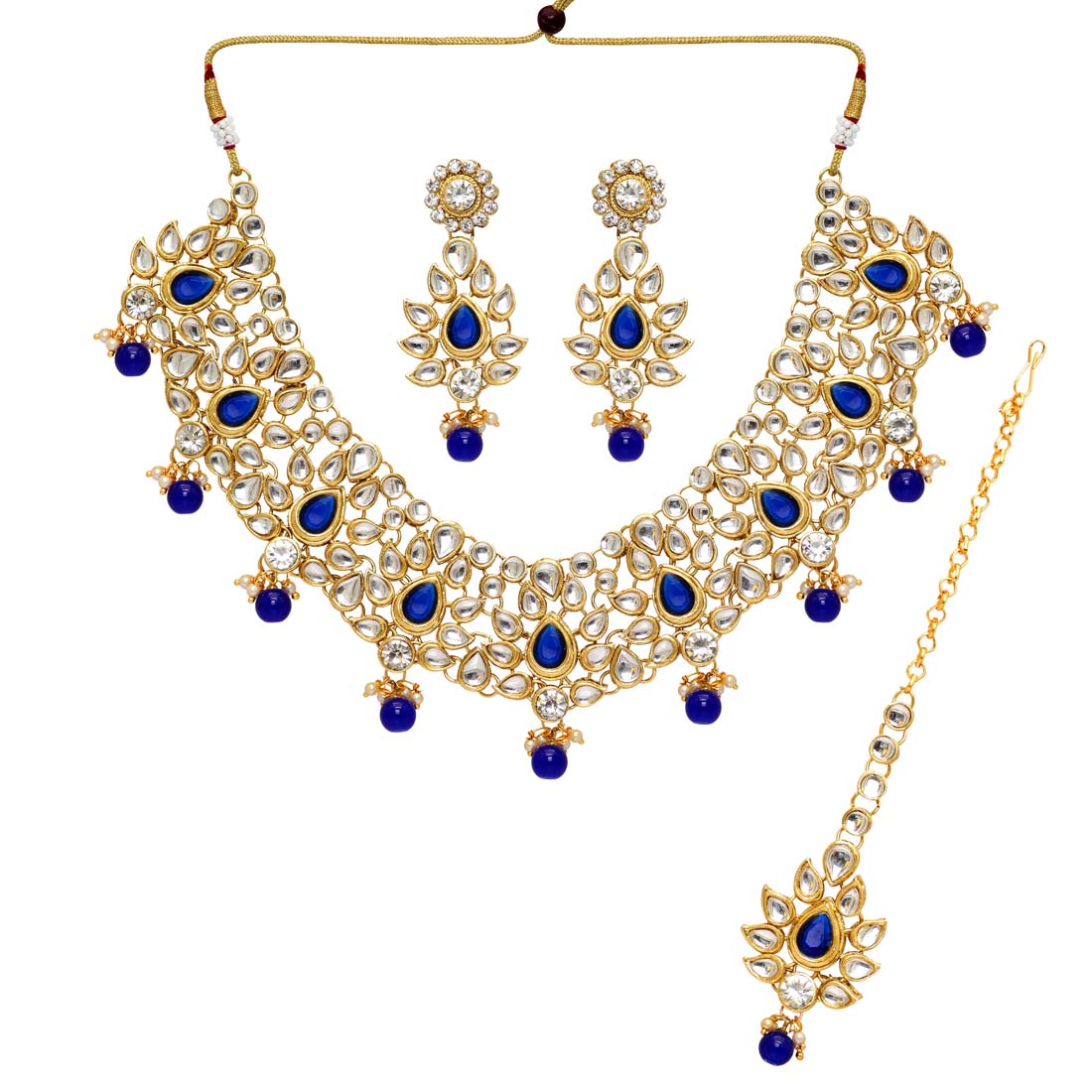 Blue Color Imitation Pearl & Kundan Necklace With Earrings & Maang Tikka