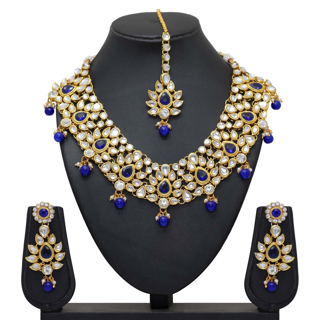 Blue Color Imitation Pearl & Kundan Necklace With Earrings & Maang Tikka Jewellery GetGlit