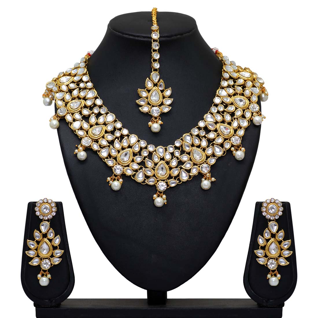 White Color Imitation Pearl & Kundan Necklace With Earrings & Maang Tikka Jewellery GetGlit