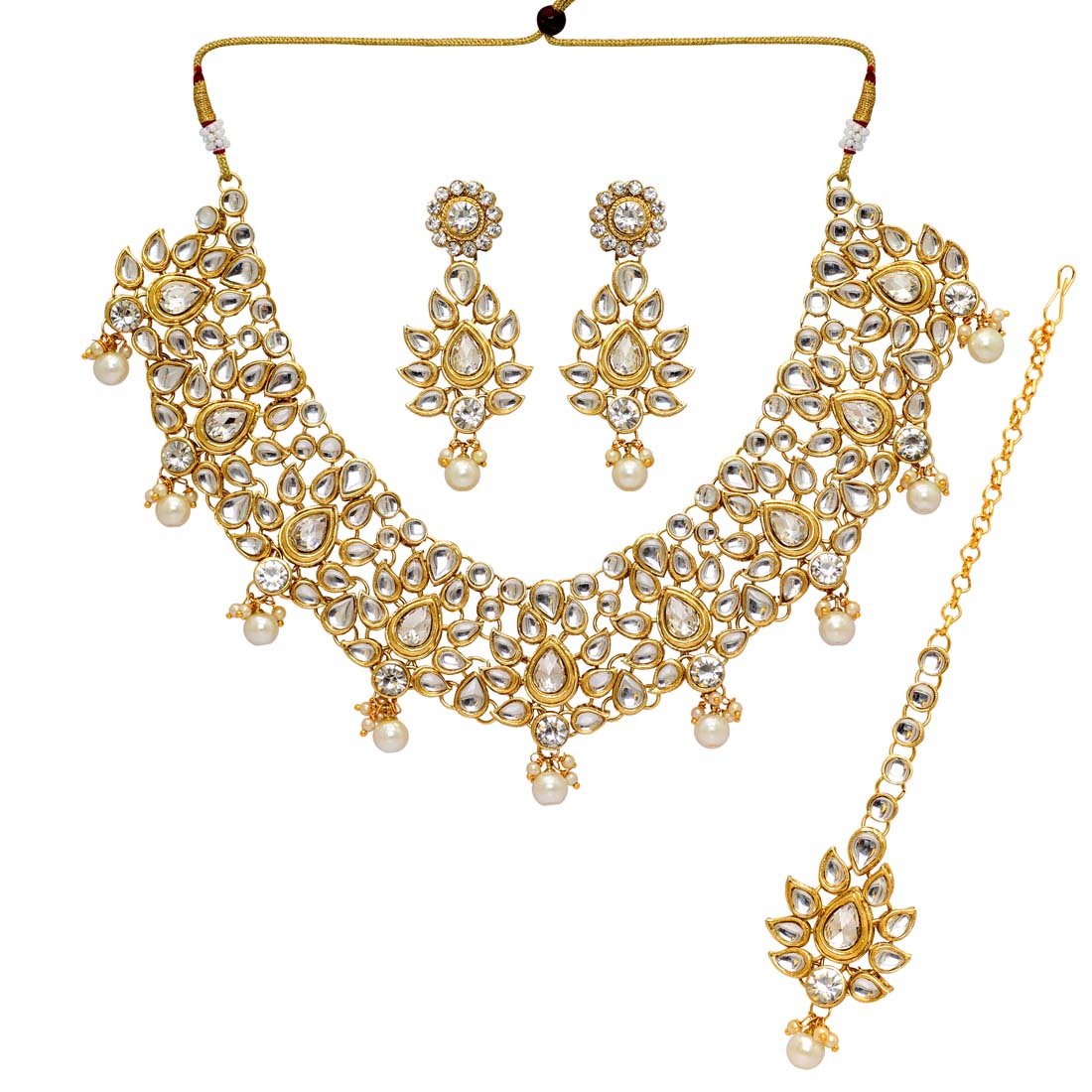 White Color Imitation Pearl & Kundan Necklace With Earrings & Maang Tikka Jewellery GetGlit