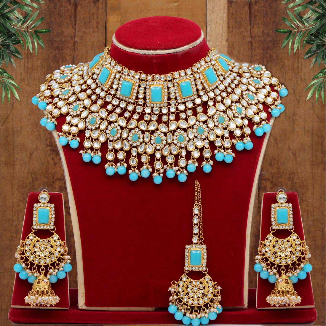 Firozi Color Kundan Necklace Set (KN222FRZ) Necklaces GetGlit   