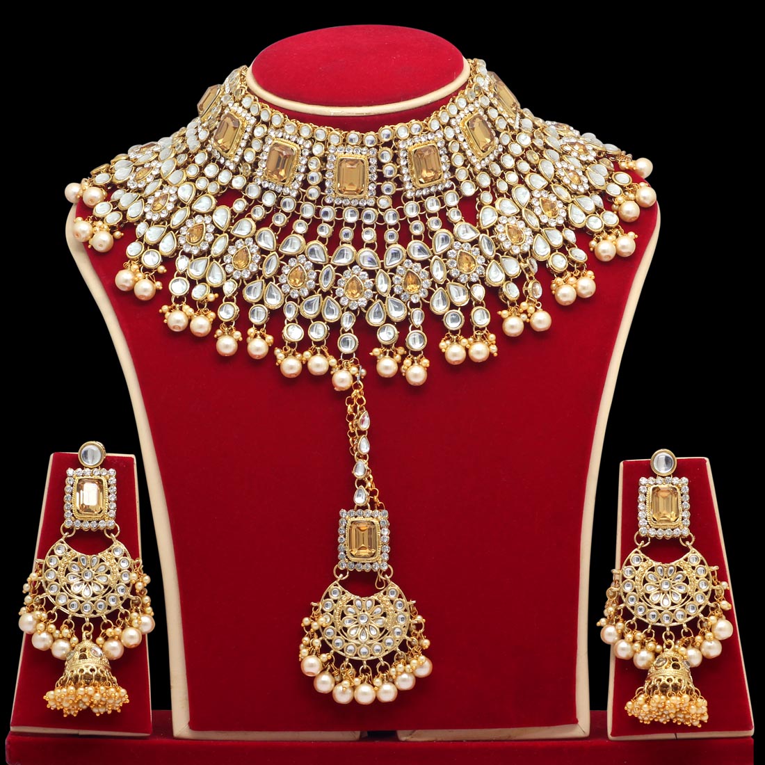 Gold Color Kundan Bridal Necklace With Earrings & Maang Tikka (KN222GLD) Jewellery GetGlit