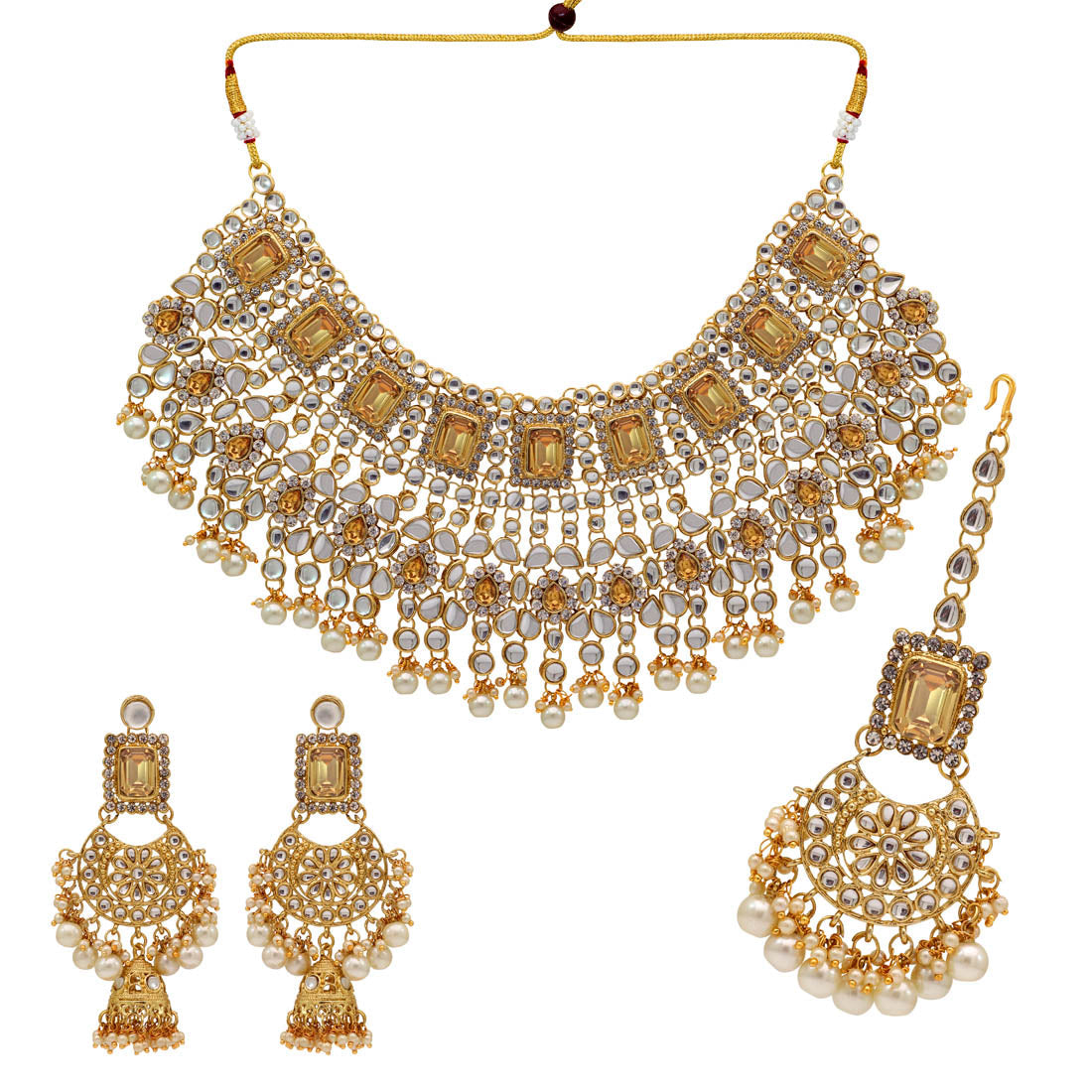 Gold Color Kundan Necklace With Earrings & Maang Tikka (KN222GLD) Necklaces GetGlit   