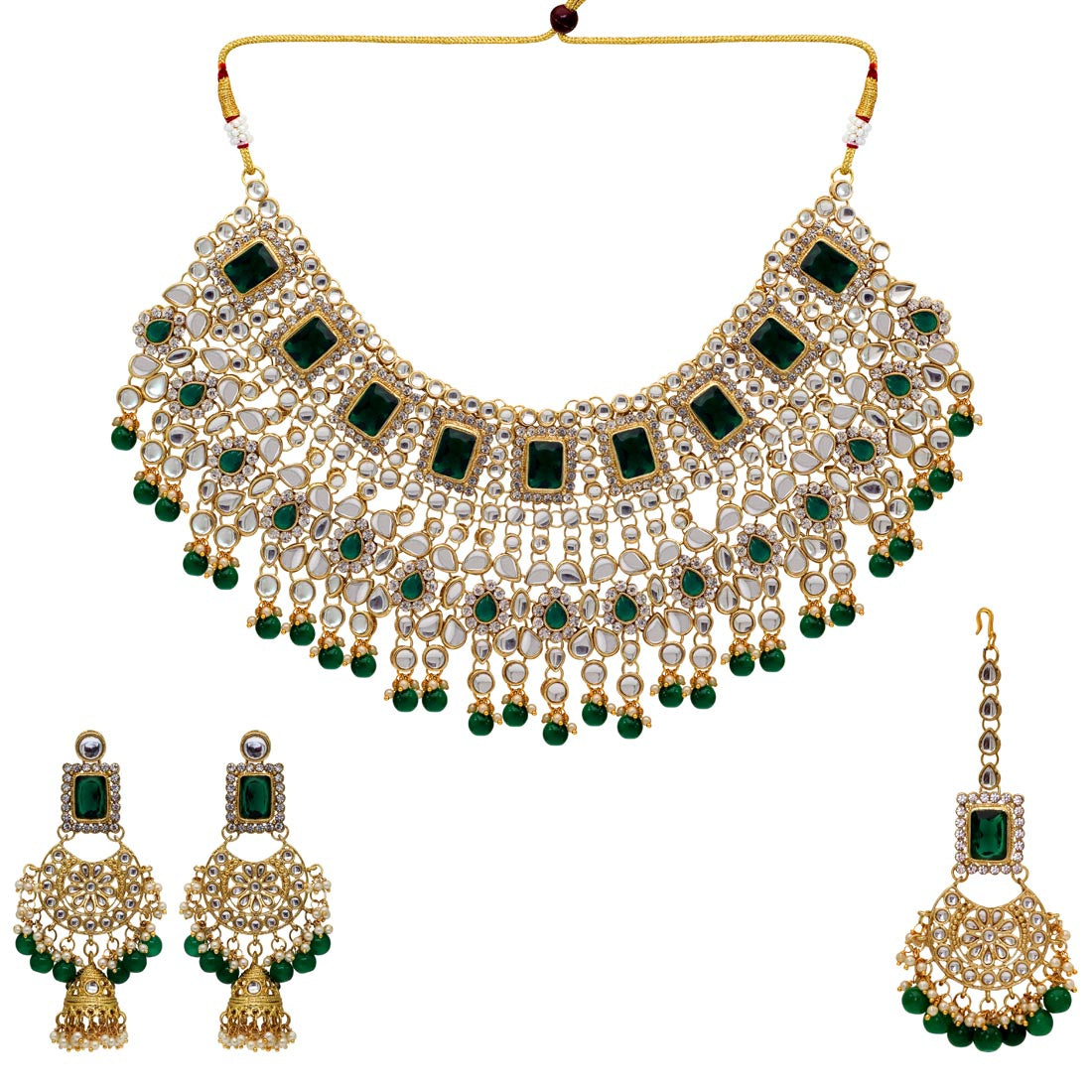 Green Color Kundan Necklace With Earrings & Maang Tikka (KN222GRN) Necklaces GetGlit   