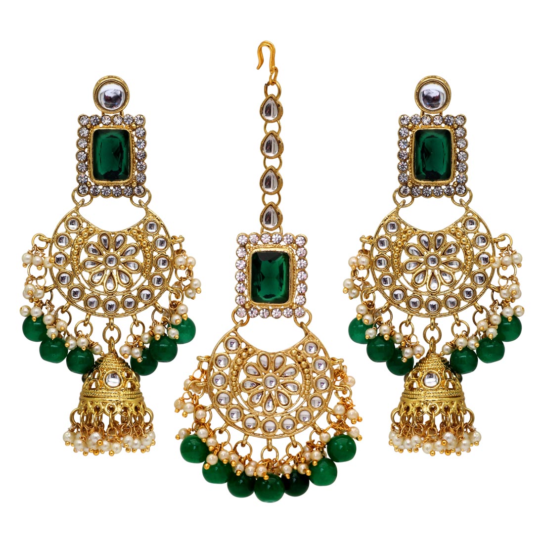 Green Color Kundan Necklace With Earrings & Maang Tikka (KN222GRN) Necklaces GetGlit   