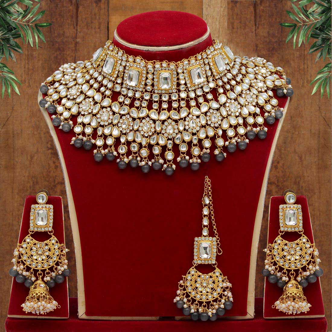 Grey Color Kundan Bridal Necklace Set (KN222GRY) Jewellery GetGlit