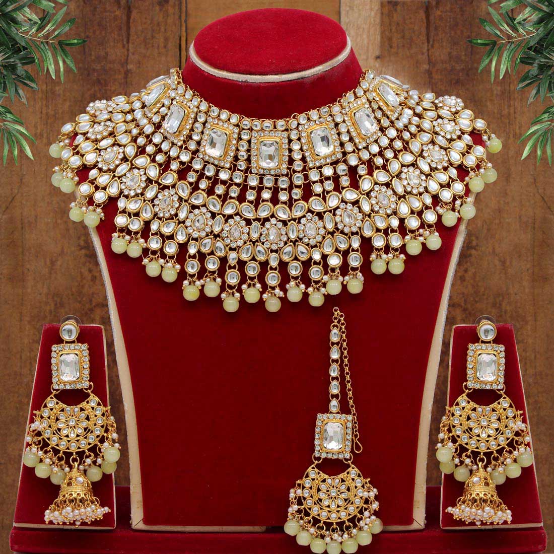 Lemon Yellow Color Kundan Necklace Set (KN222LYLW) Necklaces GetGlit   