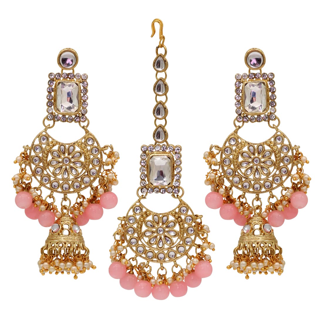 Peach Color Kundan Necklace With Earrings & Maang Tikka (KN222PCH) Necklaces GetGlit   