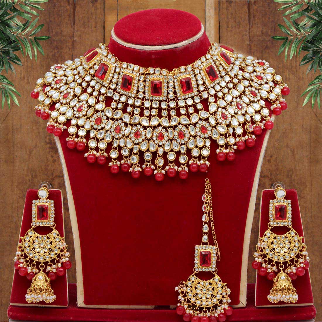 Red Color Kundan Necklace Set (KN222RED) Necklaces GetGlit   