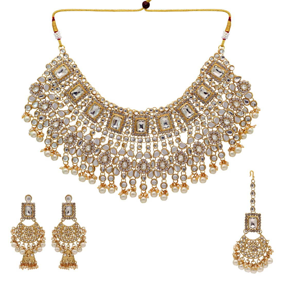 White Color Kundan Necklace With Earrings & Maang Tikka (KN222WHT) Necklaces GetGlit   