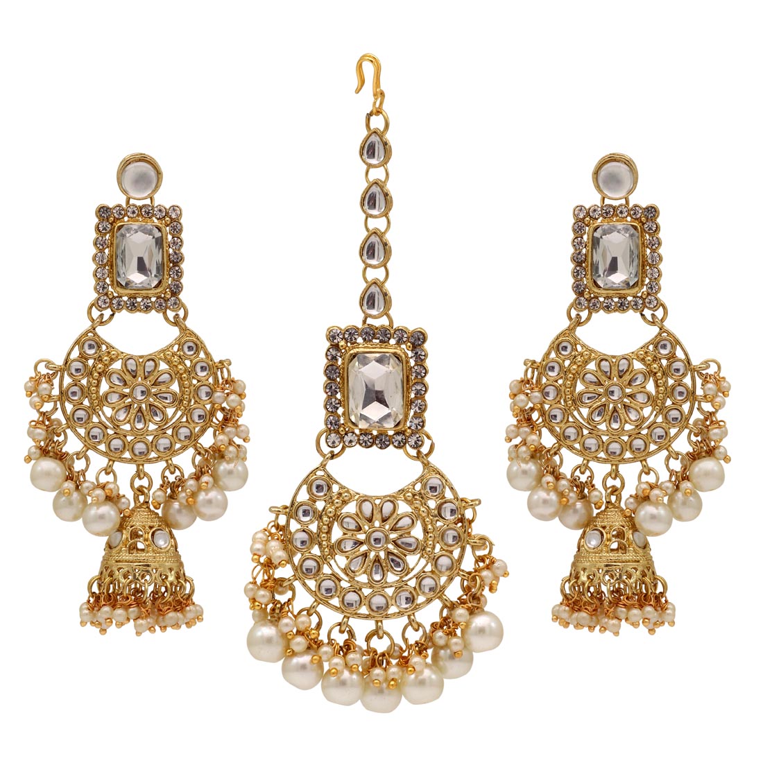 White Color Kundan Necklace With Earrings & Maang Tikka (KN222WHT) Necklaces GetGlit   