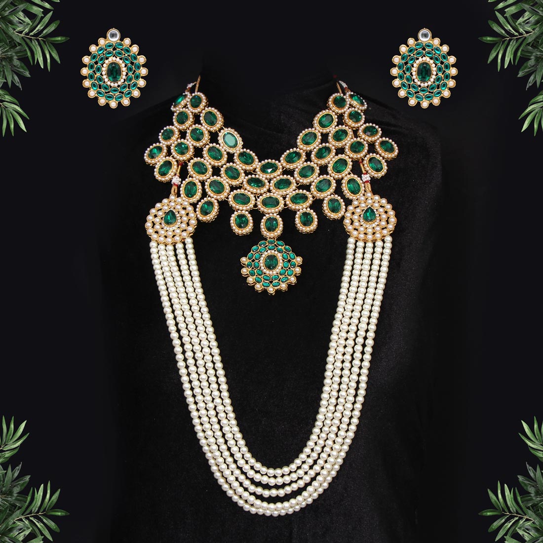 Green Color Kundan Bollywood Necklace With Earrings (KN223GRN) Earrings GetGlit   