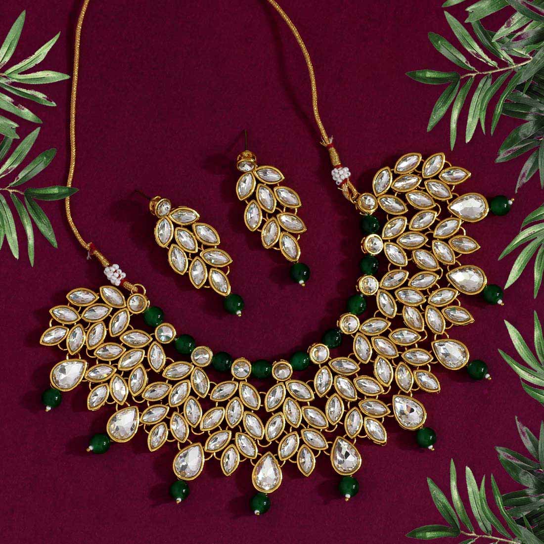 Green Color Kundan Necklace Set (KN373GRN) Jewellery GetGlit