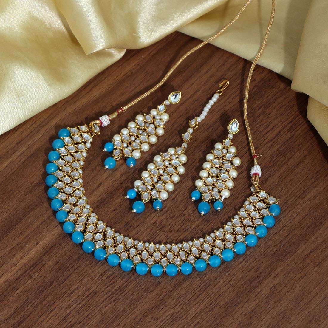 Firozi Color Kundan Necklace Set (KN381FRZ) Necklaces GetGlit   