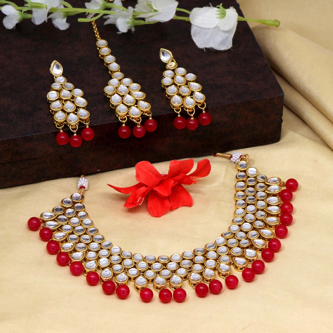 Red Color Kundan Necklace Set (KN802RED) Necklaces GetGlit   