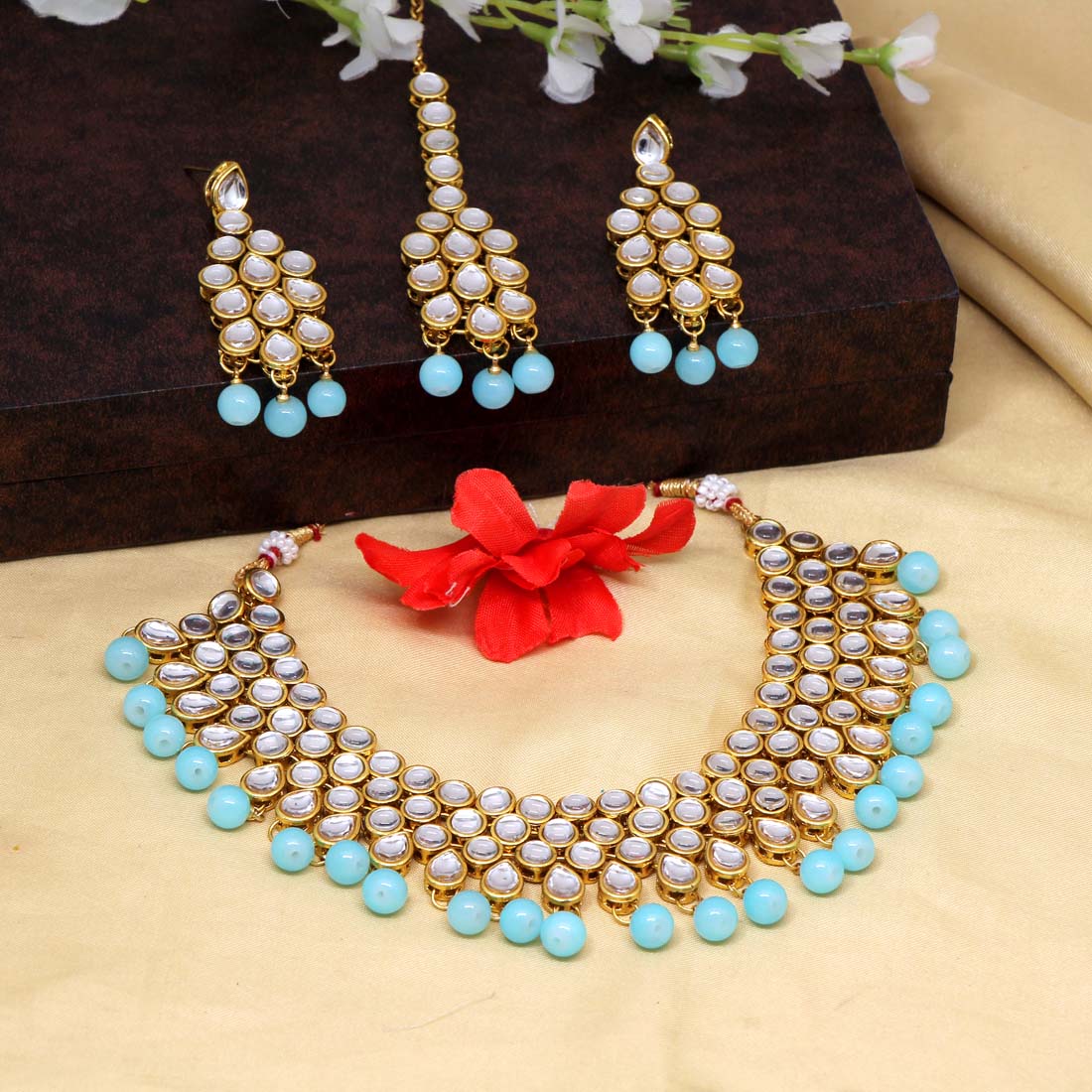 Sky Blue Color Kundan Necklace Set (KN802SBLU) Necklaces GetGlit   