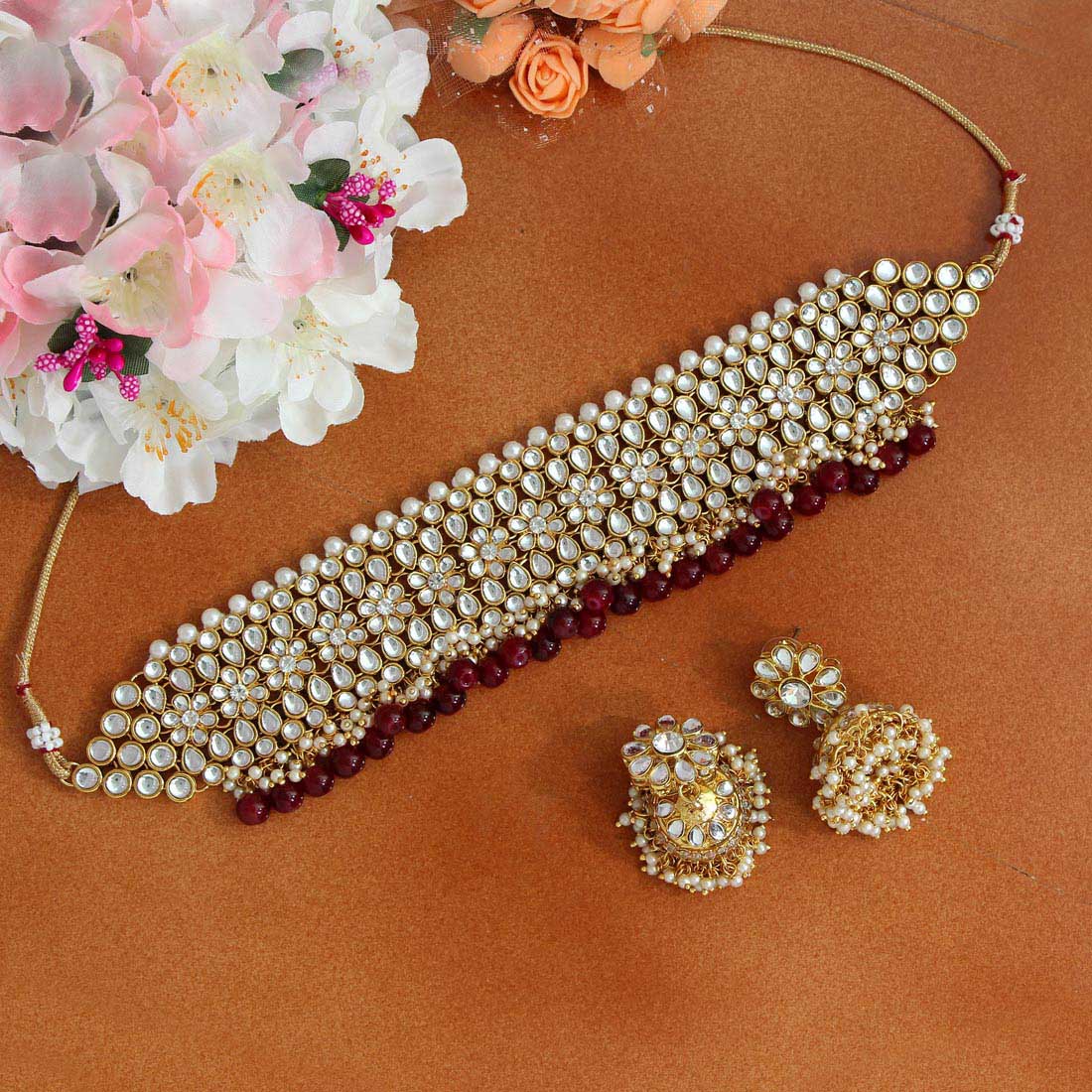 Maroon Color Kundan Necklace Set (KN813MRN) Necklaces GetGlit   