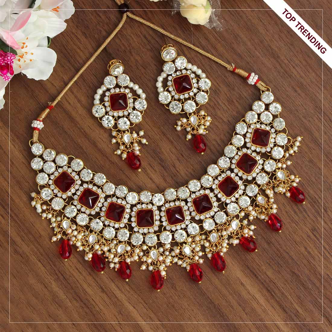 Red Color Necklace With Earrings Jewellery GetGlit