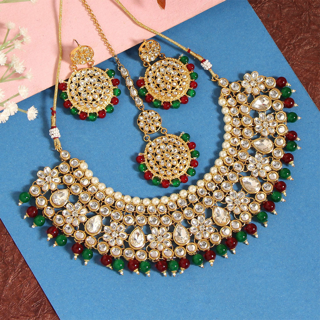 Maroon & Green Color Kundan Necklace Set Jewellery GetGlit