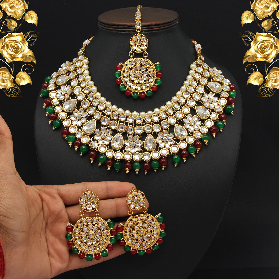 Maroon & Green Color Kundan Necklace Set Jewellery GetGlit