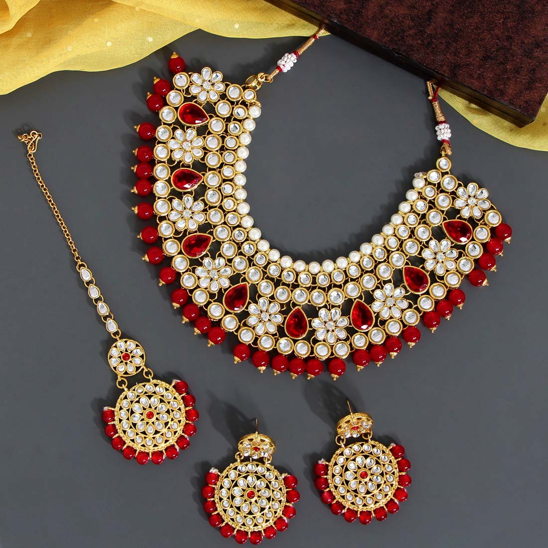 Red Color Kundan Necklace Set Jewellery GetGlit