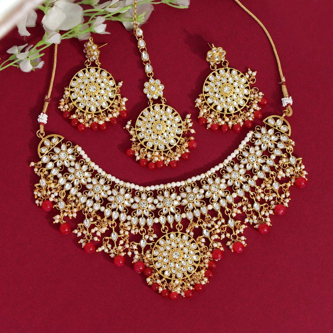 Red Color Kundan Necklace Set Jewellery GetGlit