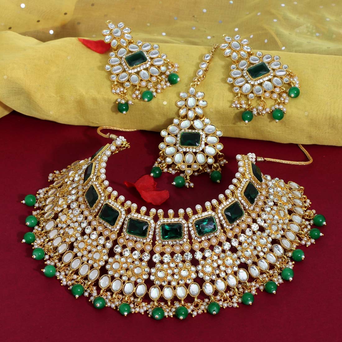 Green Color Kundan Necklace Set (KN863GRN) Necklaces GetGlit   