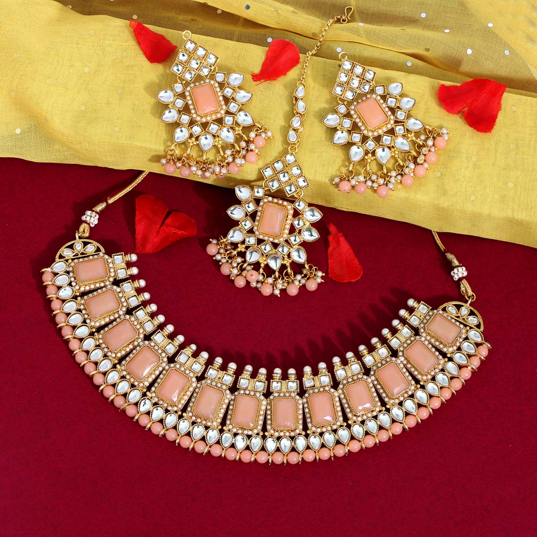 Peach Color Kundan Necklace Set (KN864PCH) Necklaces GetGlit   