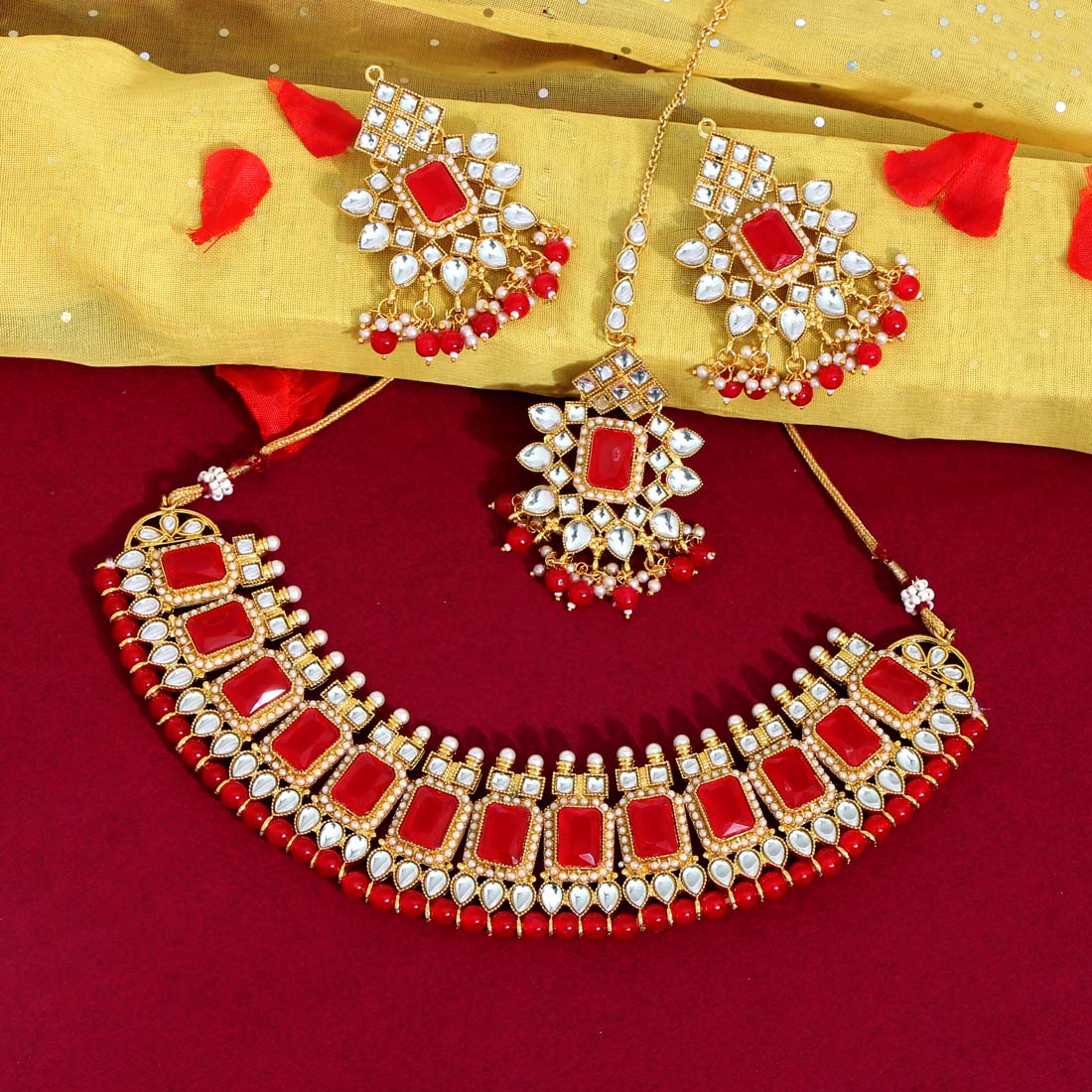 Red Color Kundan Necklace Set (KN864RED) Jewellery GetGlit   