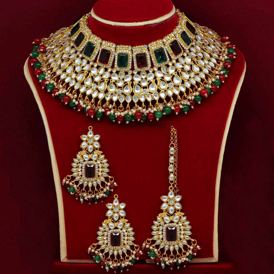 Maroon & Green Color Kundan Choker Necklace Set (KN886MG) Jewellery GetGlit   