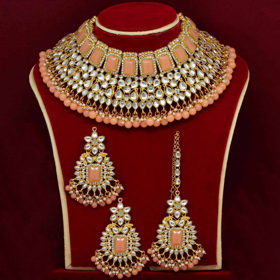 Peach Color Kundan Choker Necklace Set (KN886PCH) Necklaces GetGlit   