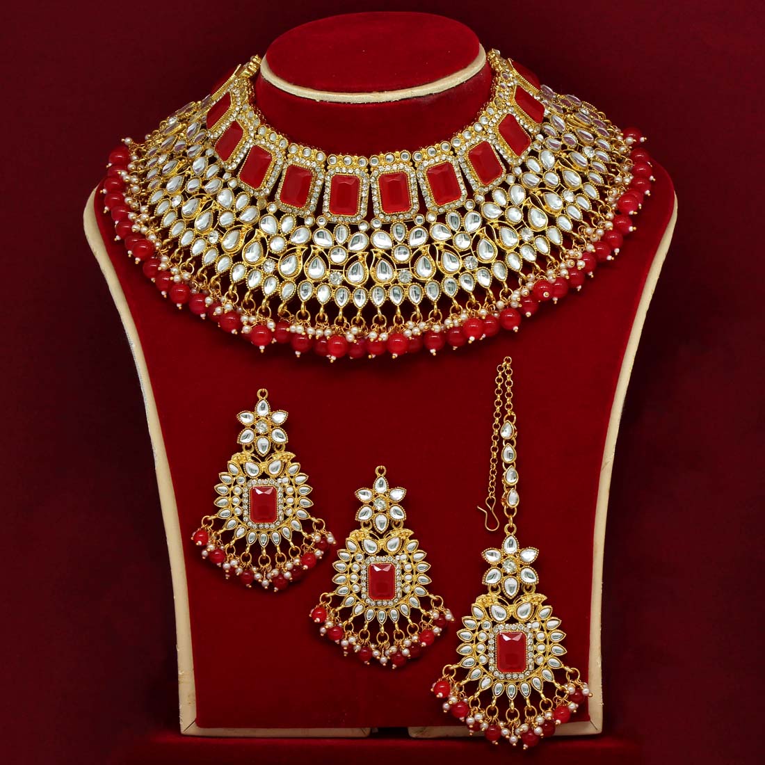 Red Color Kundan Choker Necklace Set (KN886RED) Necklaces GetGlit   