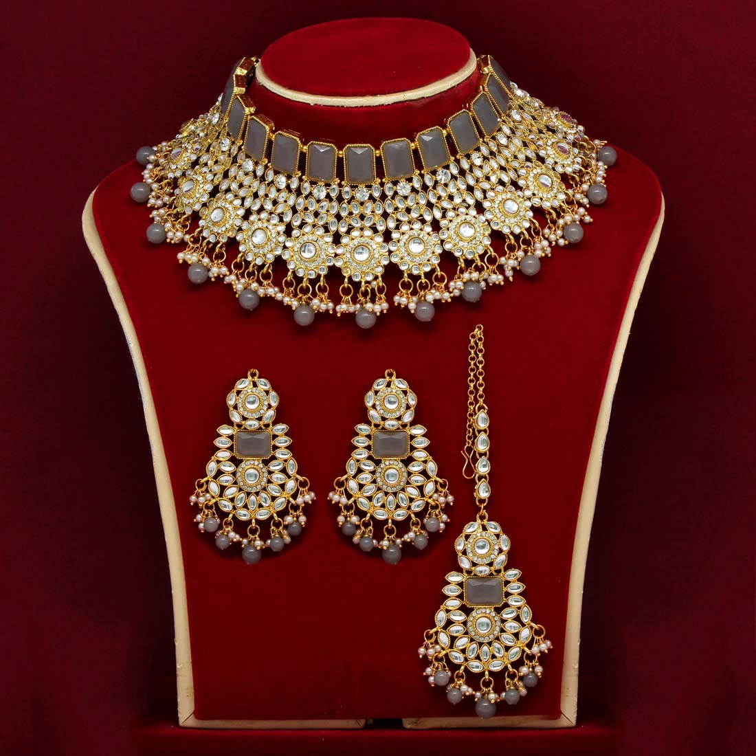 Grey Color Kundan Necklace Set (KN888GRY) Jewellery GetGlit   
