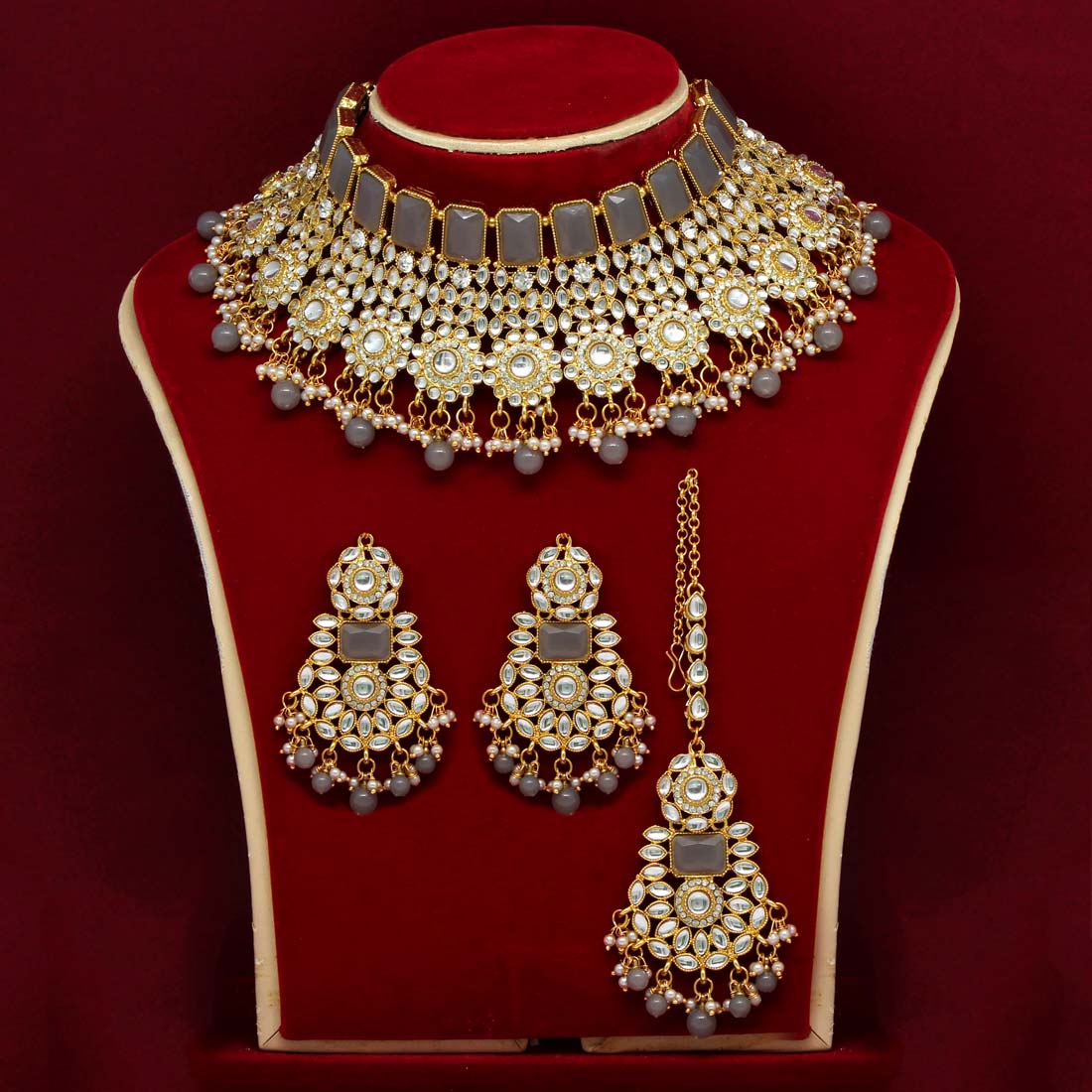 Grey Color Kundan Necklace Set (KN888GRY) Necklaces GetGlit   