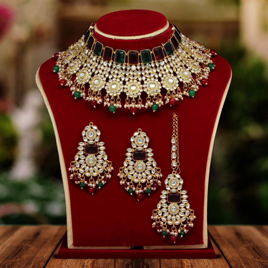 Maroon & Green Color Kundan Necklace Set (KN888MG) Jewellery GetGlit   