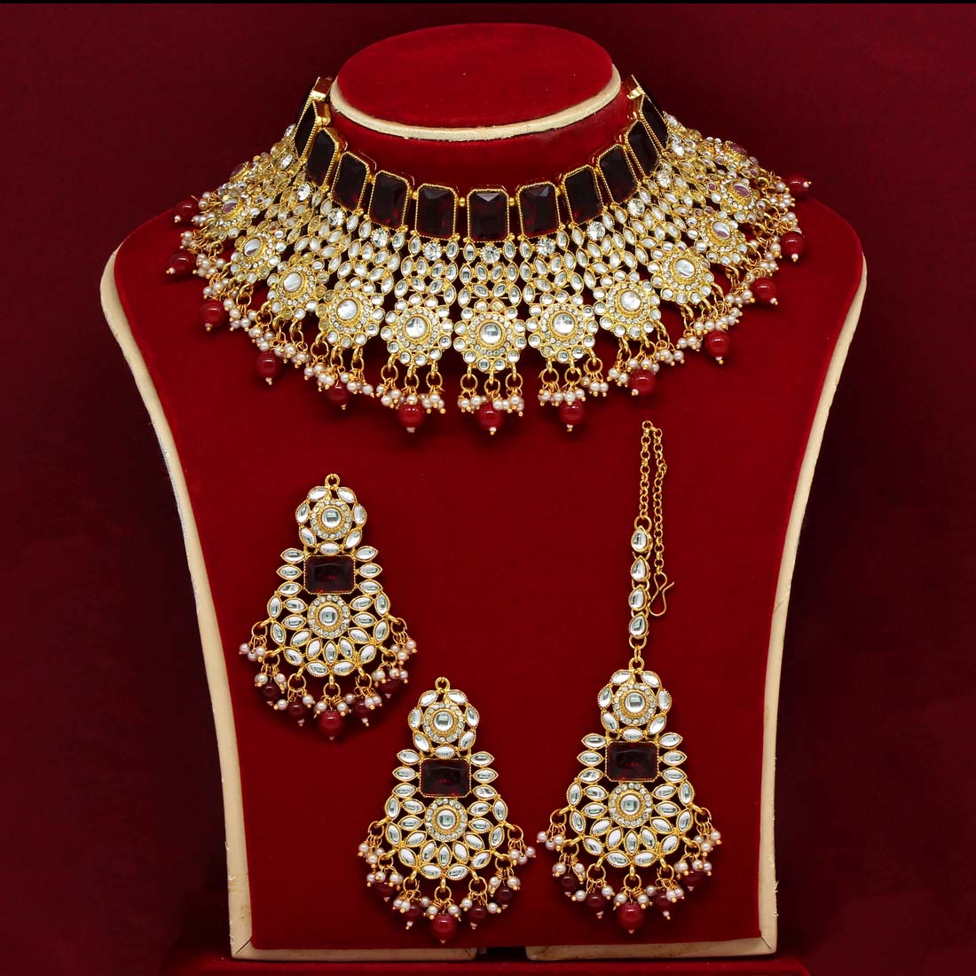 Maroon Color Kundan Necklace Set (KN888MRN) Necklaces GetGlit   