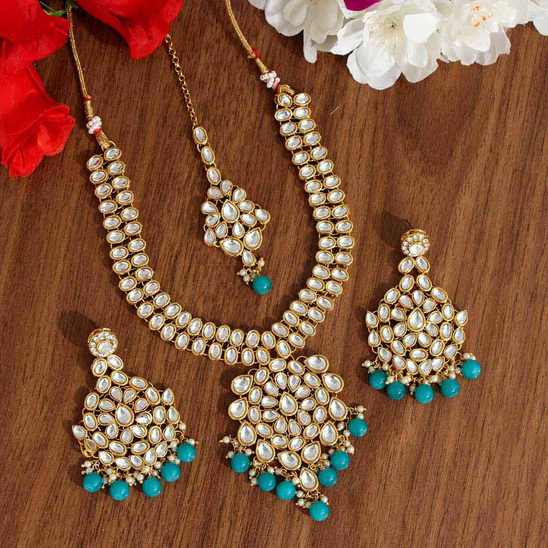 Firozi Color Kundan Necklace Set Jewellery GetGlit